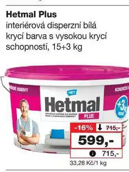 Barvy a laky drogerie Hetmal Plus interiérová disperzní bílá krycí barva s vysokou krycí schopností, 15+3 kg nabídka