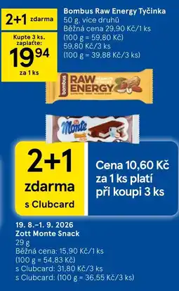 Tesco Bombus Raw Energy Tyčinka and Zott Monte Snack nabídka