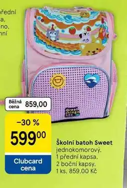 Tesco Školní batoh Sweet, jednokomorový, 1 přední kapsa. 2 boční kapsy, 1 ks nabídka