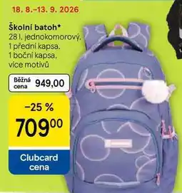 Tesco Školní batoh, 28 l, jednokomorový. 1 přední kapsa, 1 boční kapsa nabídka