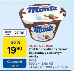 Tesco Zott Monte Mléčný dezert čokoládový s lískovými oříšky nabídka