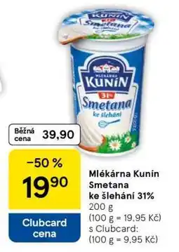 Tesco Mlékárna Kunín Smetana ke šlehání 31% nabídka