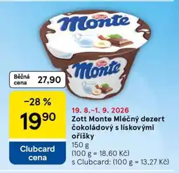 Tesco Zott Monte Mléčný dezert čokoládový s lískovými oříšky nabídka