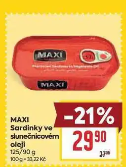 Billa MAXI Sardinky ve slunečnicovém oleji 125/90 g nabídka