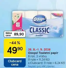 Tesco Ooops! Toaletní papír 8 rolí, 3 vrstvy nabídka