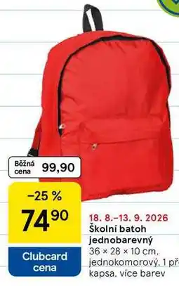 Tesco Školní batoh jednobarevný, 36 x 28 x 10 cm. jednokomorový, 1 př kapsa, více barev nabídka