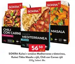 Qanto Sokra kuřecí v omáčce mediterranea s těstovinou, kuřecí tikka masala s rýží, chili con carnes rýží nabídka