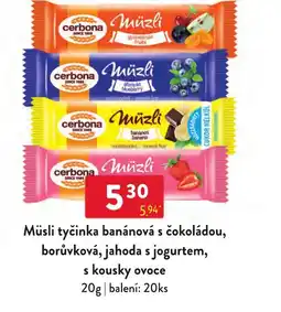 Qanto Cerbona müzli tyčinka banánová s čokoládou, borůvková, jahoda s jogurtem, s kousky ovoce nabídka