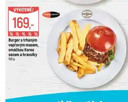 Globus Farm Frites burger s trhaným vepřovým masem, omáčkou korea sezam a hranolky nabídka