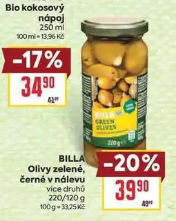 Billa BILLA Olivy zelené, černé v nálevu vice druhů 220/120 g nabídka