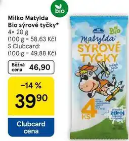 Tesco Milko Matylda Bio sýrové tyčky, 4× nabídka