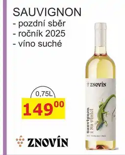 BENE Nápoje ZNOVÍN ZNOJMO SAUVIGNON - pozdní sběr, ročník 2025 - víno suché nabídka