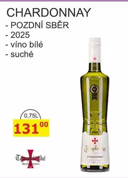BENE Nápoje Templářské sklepy 0,75l CHARDONNAY POZDNÍ SBĚR, 2025 víno bílé, suché nabídka