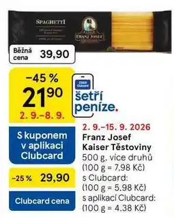 Tesco Franz Josef Kaiser Těstoviny nabídka