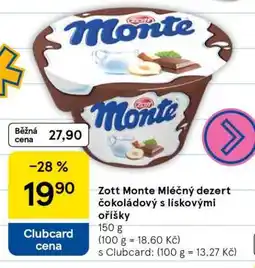 Tesco Zott Monte Mléčný dezert čokoládový s lískovými oříšky nabídka