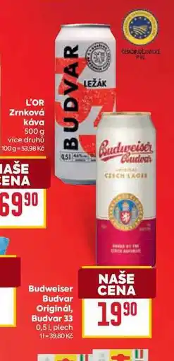 Billa Budweiser Budvar Originál, Budvar 33 0,5 1, plech nabídka