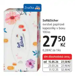 dm drogerie Soft&Sicher 4vrstvé papírové kapesníky v boxu nabídka