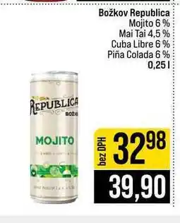 Jip Božkov Republica Mojito 6% Mai Tai 4,5% Cuba Libre 6% Piña Colada 6% nabídka