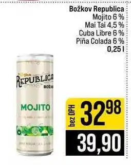 Jip Božkov Republica Mojito 6% Mai Tai 4,5% Cuba Libre 6% Piña Colada 6 % nabídka