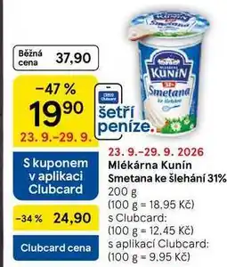 Tesco Mlékárna Kunín Smetana ke šlehání 31% nabídka