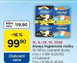 Tesco Always Hygienické vložky, 10-20 ks nabídka