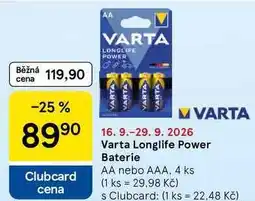 Tesco Varta Longlife Power Baterie AA nebo AAA, 4 ks nabídka