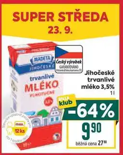 Billa Jihočeské trvanlivé mléko 3,5% nabídka