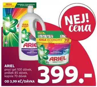 Ariel prací gel 100 dávek, prášek 85 dávek, kapsle 70 dávek