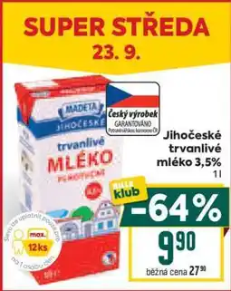 Billa Jihočeské Trvanlivé mléko 3,5% nabídka