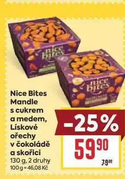 Billa Nice Bites Mandle s cukrem a medem, Lískové ořechy v čokoládě a skořici nabídka