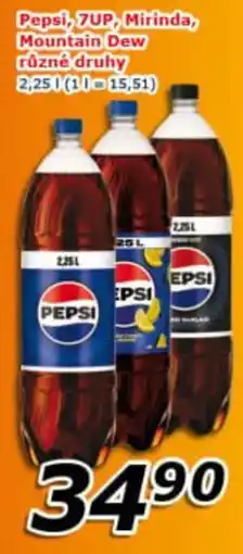 ESO MARKET Pepsi, 7UP, Mirinda, Mountain Dew různé druhy nabídka