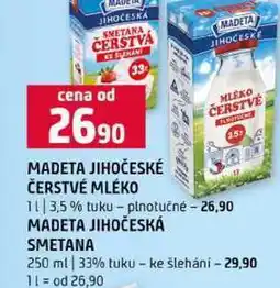 Terno MADETA JIHOČESKÉ ČERSTVÉ 1l MLÉKO MADETA JIHOČESKÁ SMETANA 250 ml 33% tuku ke šlehání nabídka