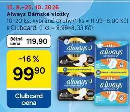 Tesco Always Dámské vložky, 10-20 ks, vybrané druhy nabídka