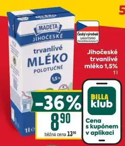 Billa Jihočeské trvanlivé mléko 1,5% nabídka