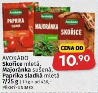 Avokádo Skořice mletá, Majoránka sušená, Paprika sladká mletá