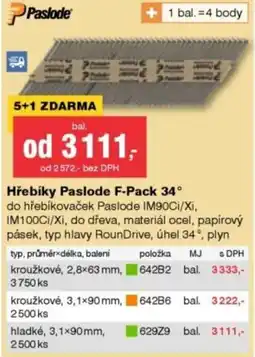DEK Paslode hřebíky F-Pack 34° nabídka