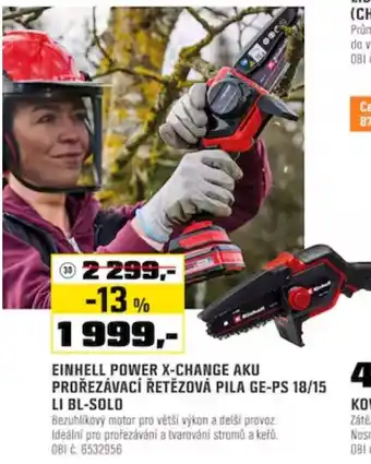 Einhell power x-change aku prořezávací řetězová pila ge-ps 18/15 li bl-solo
