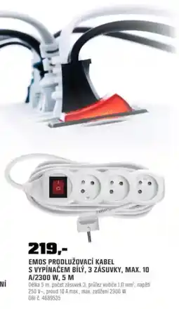 OBI Emos prodlužovací kabel s vypínačem bílý, 3 zásuvky, max. 10 A/2300 W, 5 M nabídka