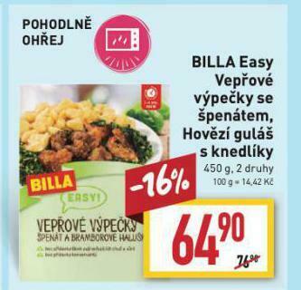 Billa Vepřové výpečky se špenátem nabídka