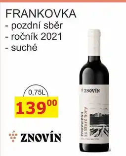 BENE Nápoje ZNOVÍN ZNOJMO 0,75L FRANKOVKA pozdní sběr - ročník 2021, suché nabídka
