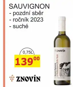 BENE Nápoje ZNOVÍN ZNOJMO 0,75L SAUVIGNON - pozdní sběr - ročník 2023, suché nabídka