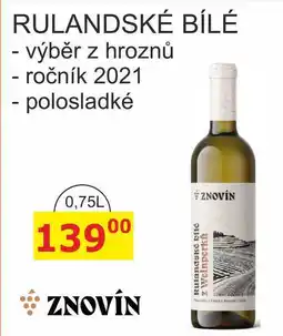 BENE Nápoje ZNOVÍN ZNOJMO 0,75L RULANDSKÉ BÍLÉ výběr z hroznů - ročník 2021, polosladké nabídka