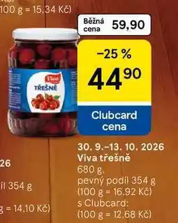 Tesco Viva třešně, 680 g. pevný podíl 354 g nabídka
