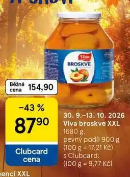 Tesco Viva broskve XXL, 1680 g, pevný podíl 900 g nabídka