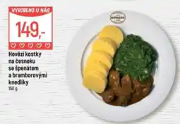 Globus Restaurace Hovězí kostky na česneku se špenátem a bramborovými knedlíky nabídka