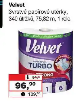 Barvy a laky drogerie Velvet 3vrstvé papírové utěrky, 340 útržků, 75,82 m, 1 role nabídka