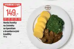 Globus Hovězí kostky na česneku se špenátem a bramborovými knedlíky nabídka
