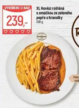 Globus XL Hovězí roštěná s omáčkou ze zeleného pepře s hranolky nabídka