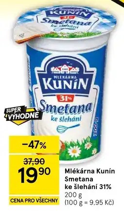 Tesco Mlékárna Kunín Smetana ke šlehání 31% nabídka