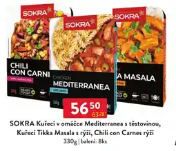 Qanto Sokra kuřecí v omáčce mediterranea s těstovinou, kuřecí tikka masala s rýží, chili con carnes rýží nabídka